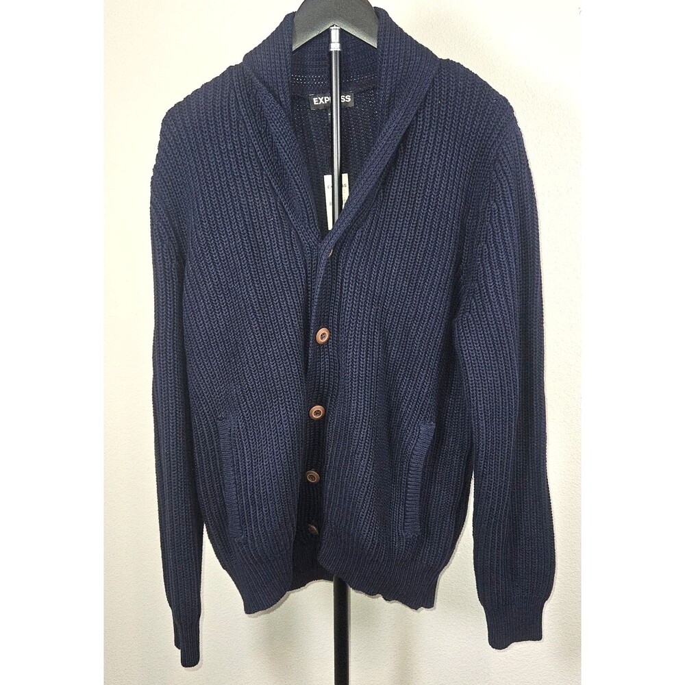 Express Men's XL Navy Shawl Collar Cardigan Sweater Chunky Knit Button Front
